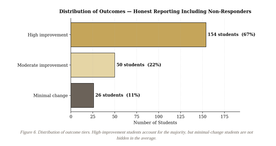 Distribution of outcomes showing 67% high improvement, 22% moderate, 11% minimal change